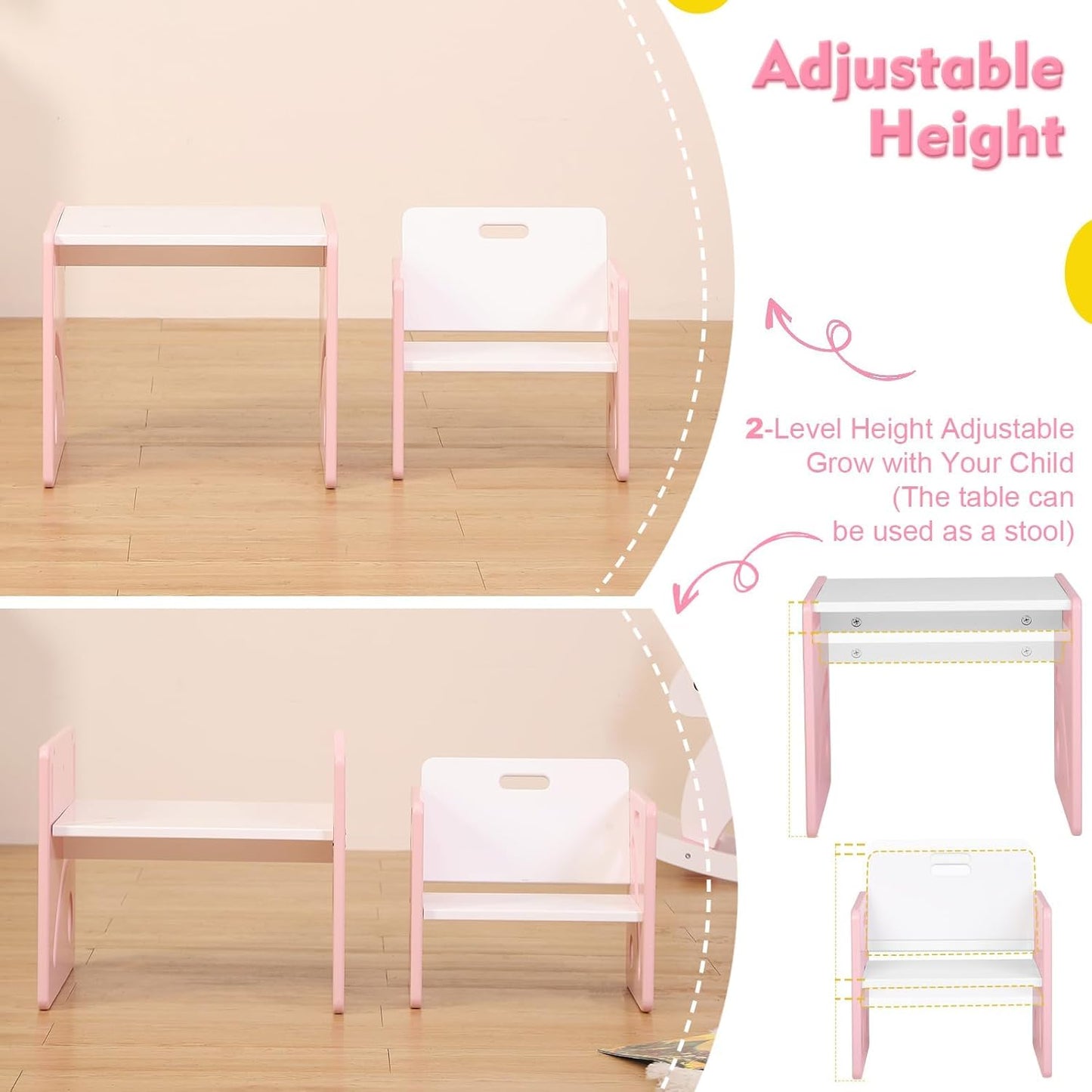 FUNLIO Height Adjustable Toddler Table and Chair Set for Age 1-3, Quality Solid Wood Montessori Table and Chair Set, Weaning Baby Table Chair Set, Easy to Assemble, CPC Certified - Pink