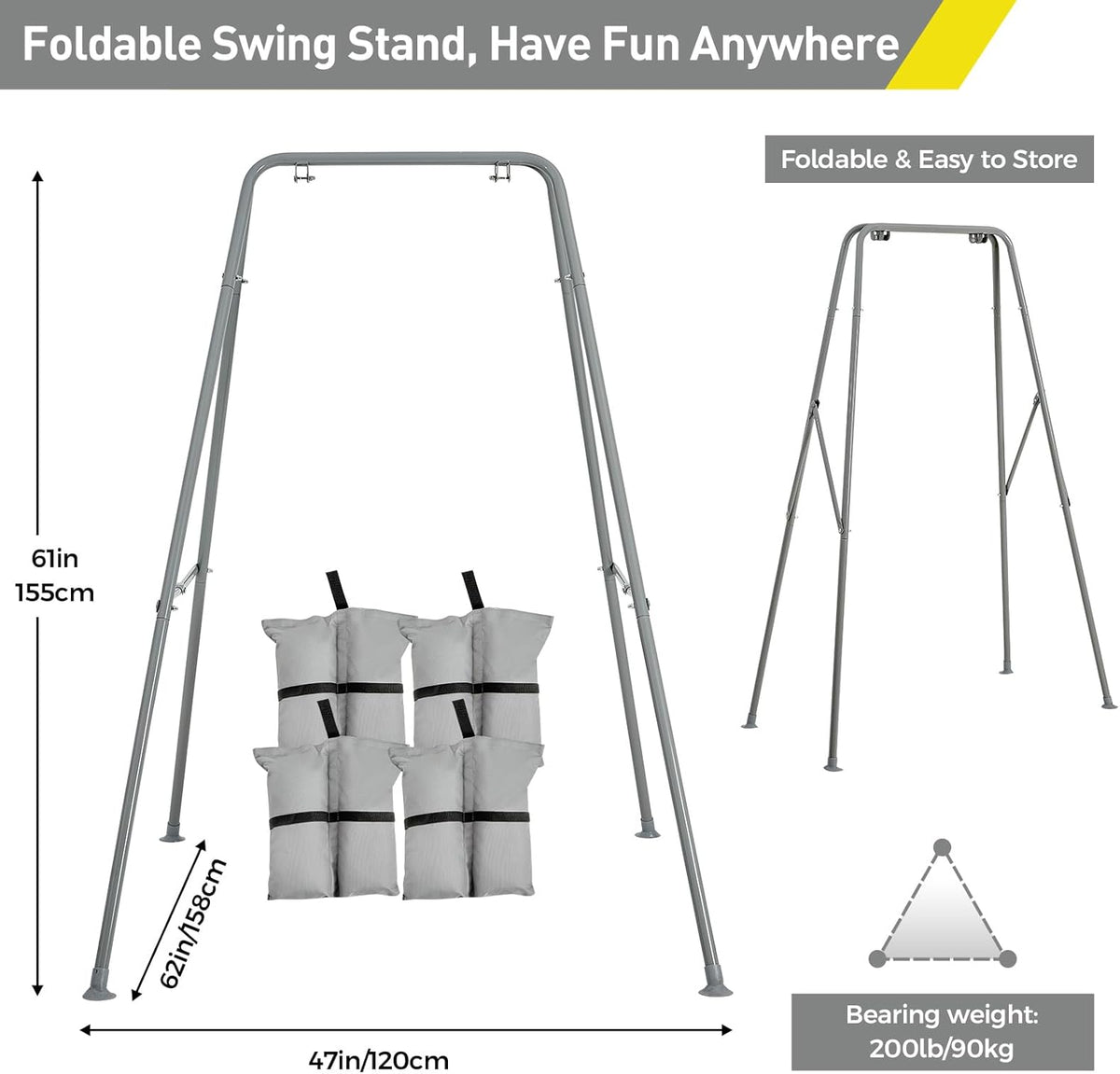 FUNLIO Foldable Swing Stand for Kids with 4 Sandbags, Heavy Duty Metal A-Frame Indoor/Outdoor for Backyard, Suitable Most Toddler/Baby Jumper/Hammock Chair - Grey