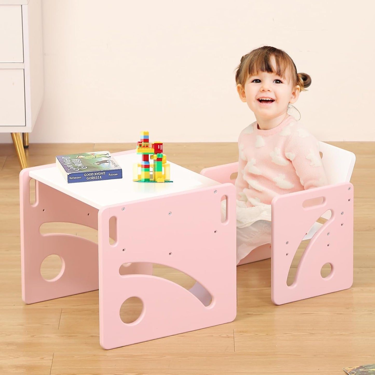 FUNLIO Height Adjustable Toddler Table and Chair Set for Age 1-3, Quality Solid Wood Montessori Table and Chair Set, Weaning Baby Table Chair Set, Easy to Assemble, CPC Certified - Pink