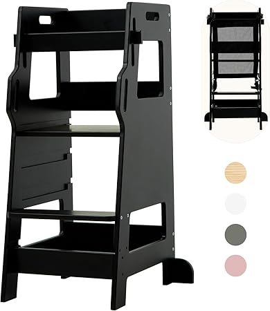 FUNLIO Toddler Tower with Safety Net, Kids Kitchen Step Stool, 3-Level Height Adjustable Toddler Stool Helper, Montessori Child Standing Tower, Easy to Assemble, CPC Approved - Black