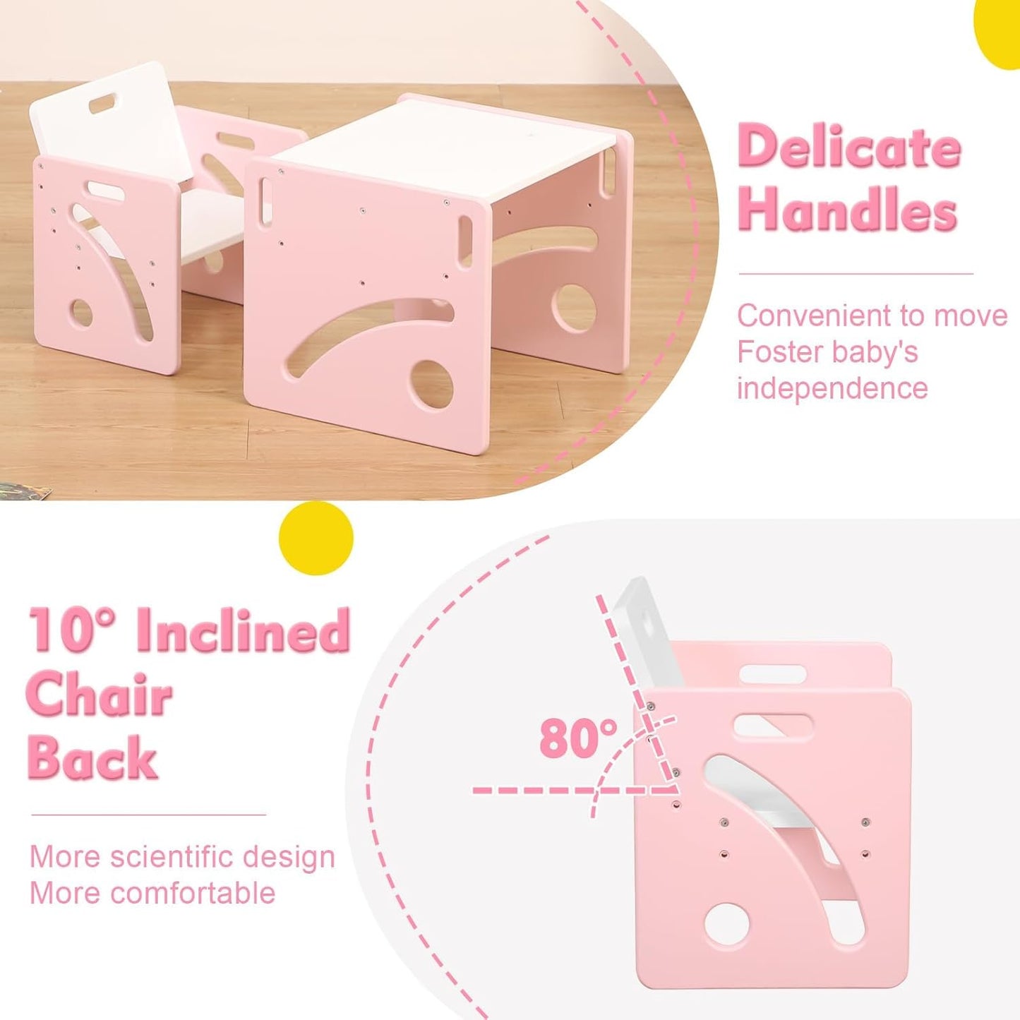 FUNLIO Height Adjustable Toddler Table and Chair Set for Age 1-3, Quality Solid Wood Montessori Table and Chair Set, Weaning Baby Table Chair Set, Easy to Assemble, CPC Certified - Pink