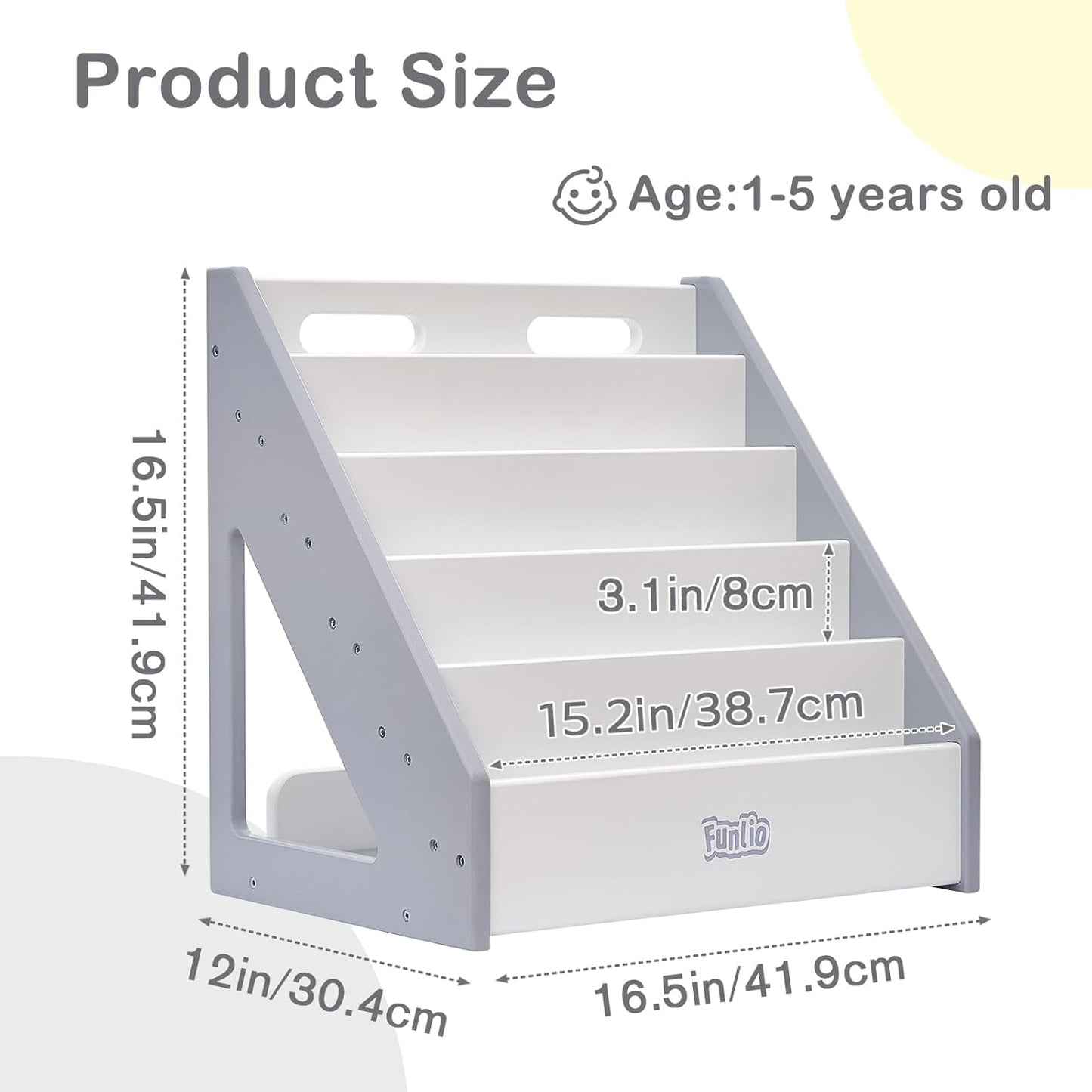 FUNLIO Montessori Bookshelf for Toddlers 1-5 Years, Front-Facing Kids Bookshelf with Handle & Anti-Tilting Device, Premium Pine Baby Bookshelf, Children's Bookcase for Nursery/Classroom - Grey&White