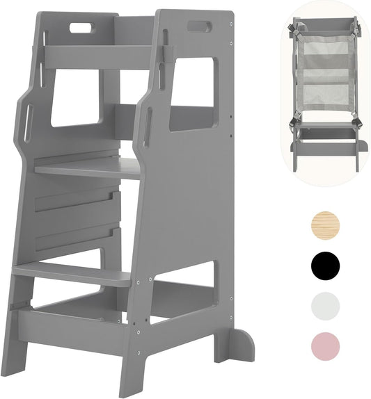 FUNLIOToddler Tower with Safety Net, Kids Kitchen Step Stool, 3-Level Height Adjustable Toddler Stool Helper, Montessori Child Standing Tower, Easy to Assemble, CPC Approved - Grey