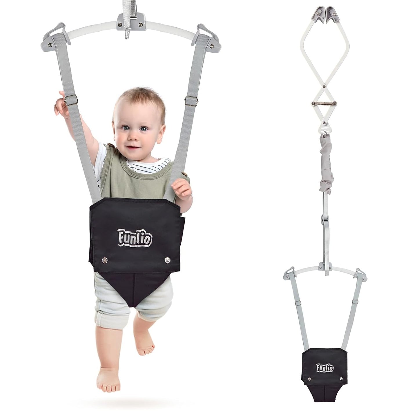 FUNLIO Baby Door Jumper for 6-24 Months (with Door Clamp), Baby Jumper Doorway with Strong Spring & Adjustable Strap, Portable Infant Door Bouncer, Bearing 40 Lbs, CPC & CE Certified - Black