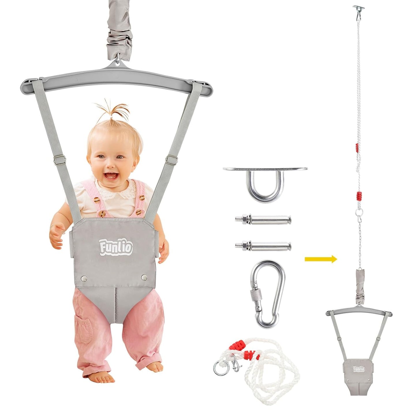 FUNLIO Baby Jumper with a Ceiling Hook for 6-24 Months, Baby Door Jumper for Indoor/Outdoor Play, Infant Jumper Doorway with Adjustable Chain, Easy to Assemble & Store (with a Ceiling Hook)- Grey