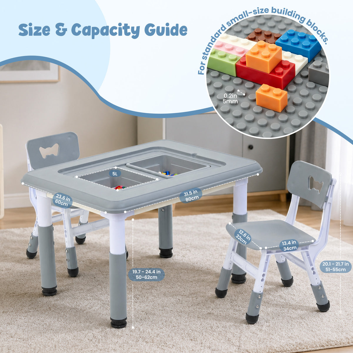 FUNLIO Kids Activity Table & 2Chairs Set, Adjustable Heights, Storage, Grey