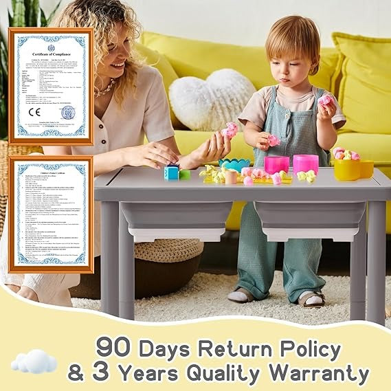 FUNLIO Wooden Sensory Table with 2 Bins for Toddlers 1-5, 3-Level Height Adjustable Kids Sensory Table with Anti-Warping Plywood Lid, Indoor/Outdoor Play Sand and Water Table, CPC Certified, Grey