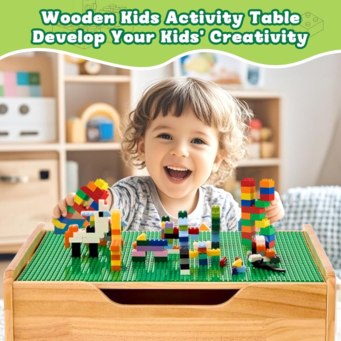 FUNLIO Height Adjustable Wooden Activity Table for Kids Ages 3+, Solid Wood Kids Play Table with 450pcs Building Blocks & Large Storage, 2-in-1 Toddler Table for Play/Learnig, CPC & CE Certified