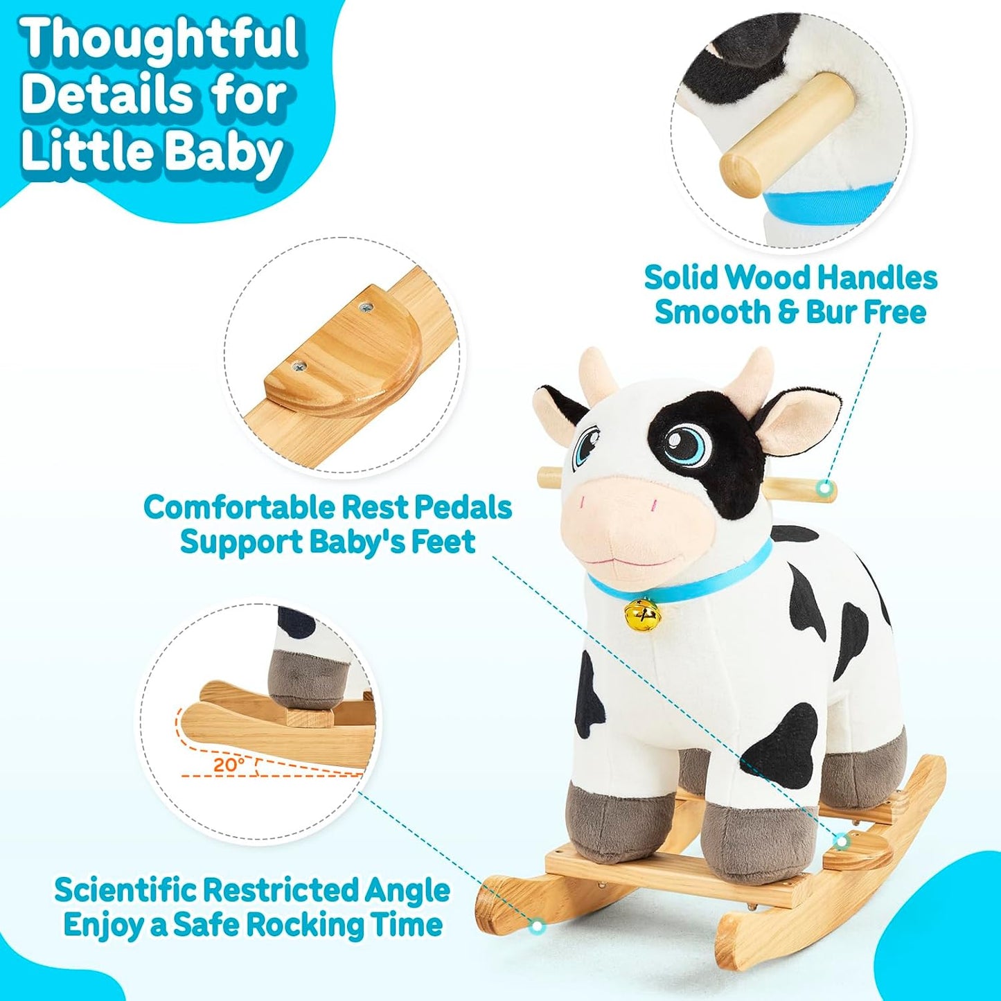 FUNLIO Cow Rocking Horse Ages 1-3, Adorable Baby Rocking Horse with Cuddly Head, Bright Sparkling Eyes & Jingling Bell, Stuffed Plush Ride-on Baby Rocker, Easy to Assemble, CPC & CE Certified