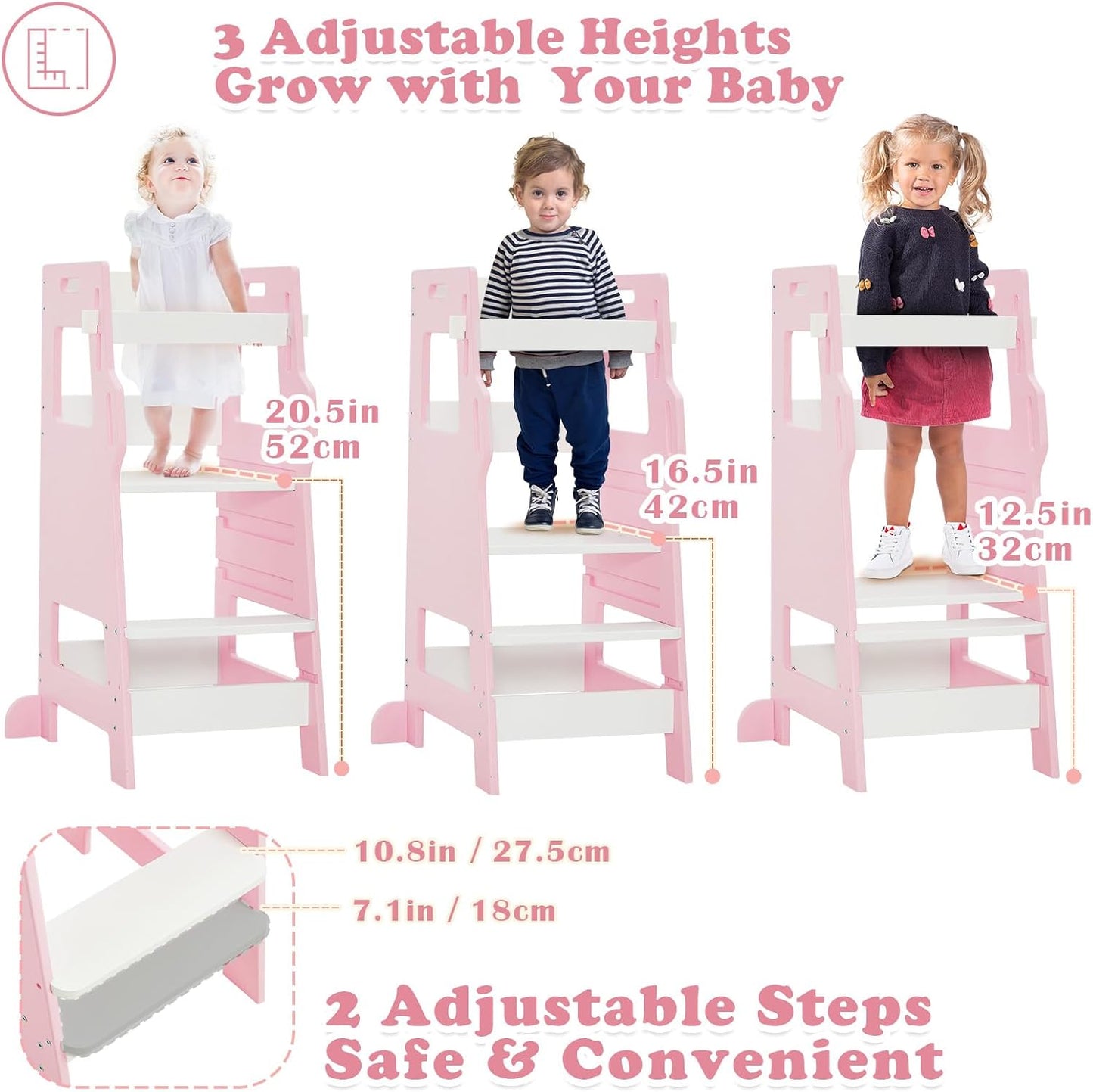 FUNLIO Toddler Tower with Safety Net, Kids Kitchen Step Stool, 3-Level Height Adjustable Toddler Stool Helper, Montessori Child Standing Tower, Easy to Assemble, CPC Approved - Pink