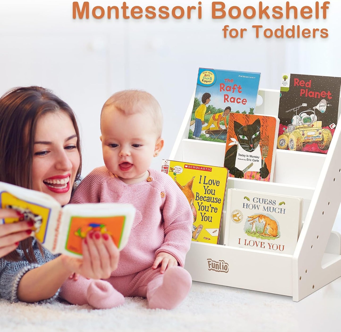 FUNLIO Montessori Bookshelf for Toddlers 1-5 Years, Front-Facing Kids Bookshelf with Handle & Anti-Tilting Device, Premium Pine Baby Bookshelf, Children's Bookcase for Nursery/Classroom - White