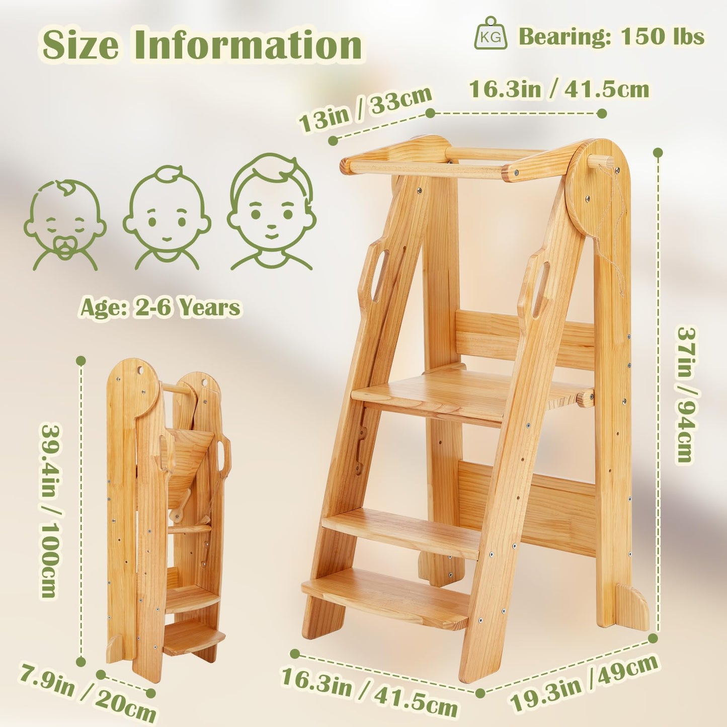 FUNLIO Foldable Kitchen Step Stool for Kids 2-6 Years, Nature