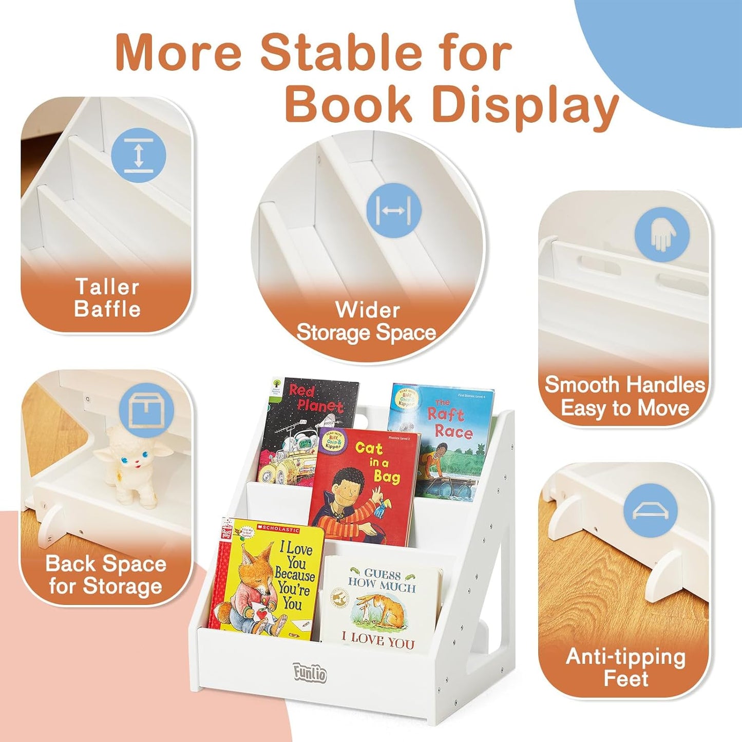 FUNLIO Montessori Bookshelf for Toddlers 1-5 Years, Front-Facing Kids Bookshelf with Handle & Anti-Tilting Device, Premium Pine Baby Bookshelf, Children's Bookcase for Nursery/Classroom - White