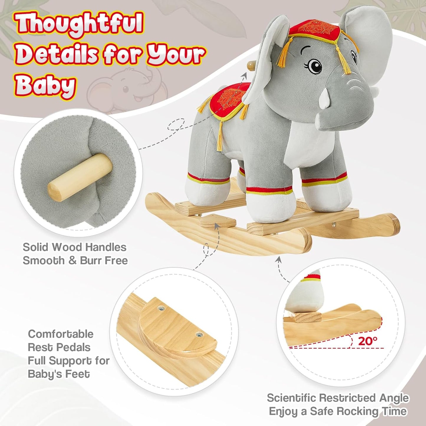 FUNLIO Elephant Baby Rocking Horse for Toddlers 1-3 Years, Cute & Graceful Gray Thai Elephant Rocker for Baby, Stuffed Plush Ride-on Rocking Animal