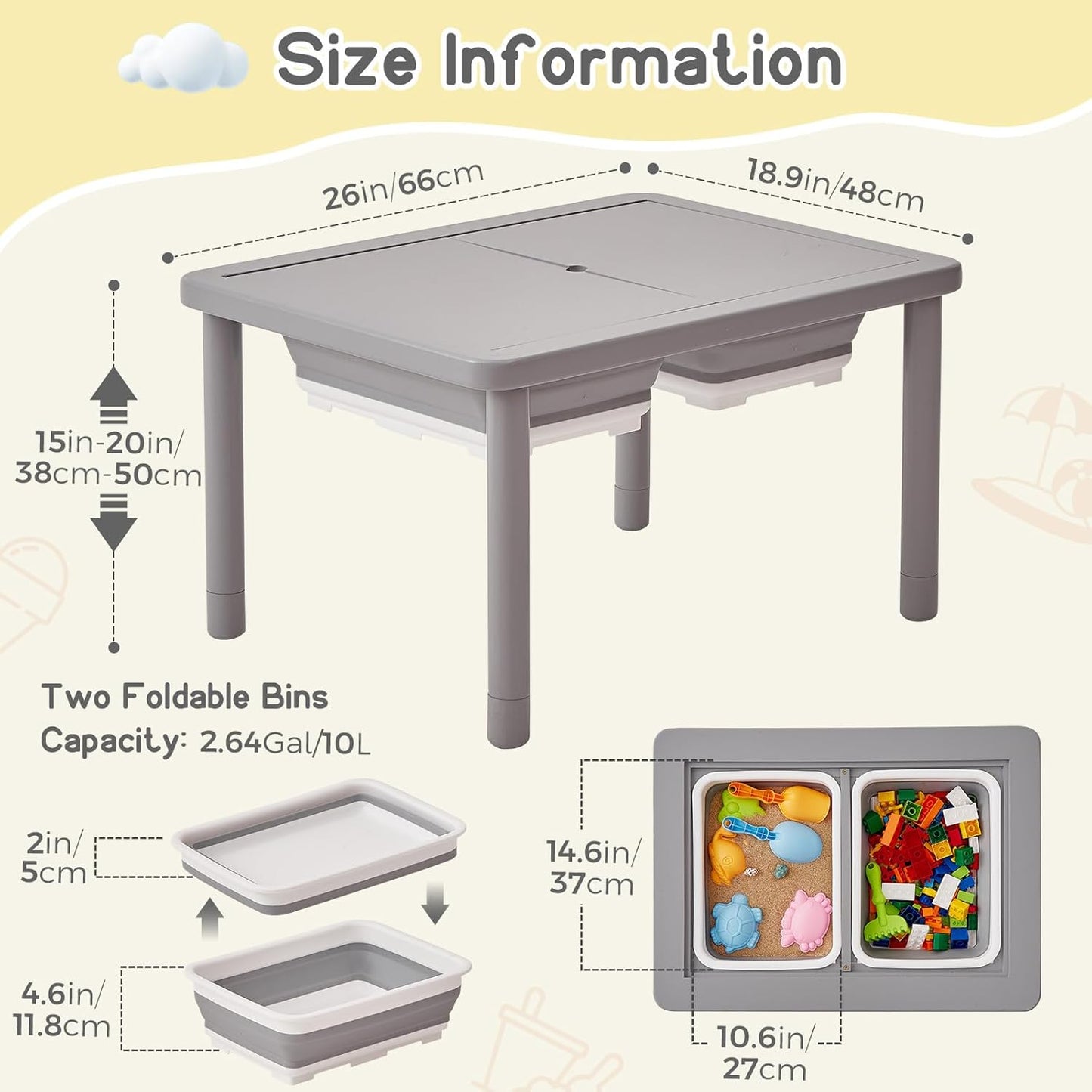 FUNLIO Wooden Sensory Table with 2 Bins for Toddlers 1-5, 3-Level Height Adjustable Kids Sensory Table with Anti-Warping Plywood Lid, Indoor/Outdoor Play Sand and Water Table, CPC Certified, Grey