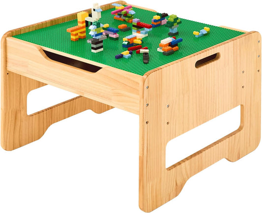 FUNLIO Height Adjustable Wooden Activity Table for Kids Ages 3+, Solid Wood Kids Play Table with 450pcs Building Blocks & Large Storage, 2-in-1 Toddler Table for Play/Learnig, CPC & CE Certified