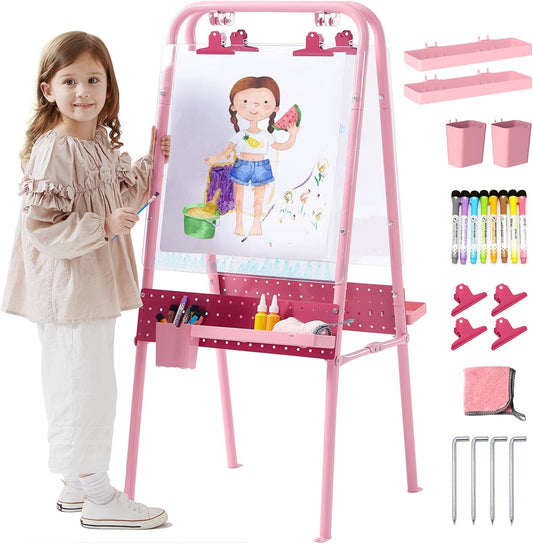 FUNLIO Foldable Outdoor Easel for Kids Aged 3+, Double-Sided Toddler Easel with 2 Acrylic Boards & 21 pcs Accessories, Waterproof & Sunproof Art Easel for Kids, Portable & Stable - Pink