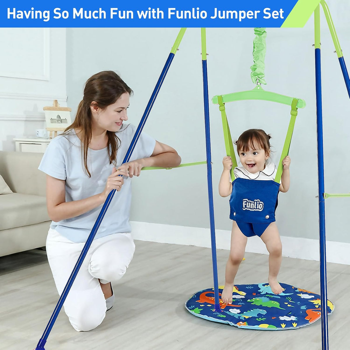 FUNLIO Baby Jumper with Stand for 6-24 Months, Infant Jumper for Indoor/Outdoor Play-Bluegreen