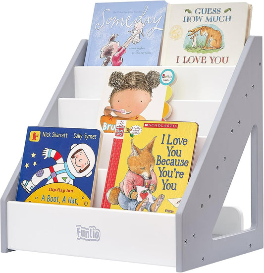 FUNLIO Montessori Bookshelf for Toddlers 1-5 Years, Front-Facing Kids Bookshelf with Handle & Anti-Tilting Device, Premium Pine Baby Bookshelf, Children's Bookcase for Nursery/Classroom - Grey&White