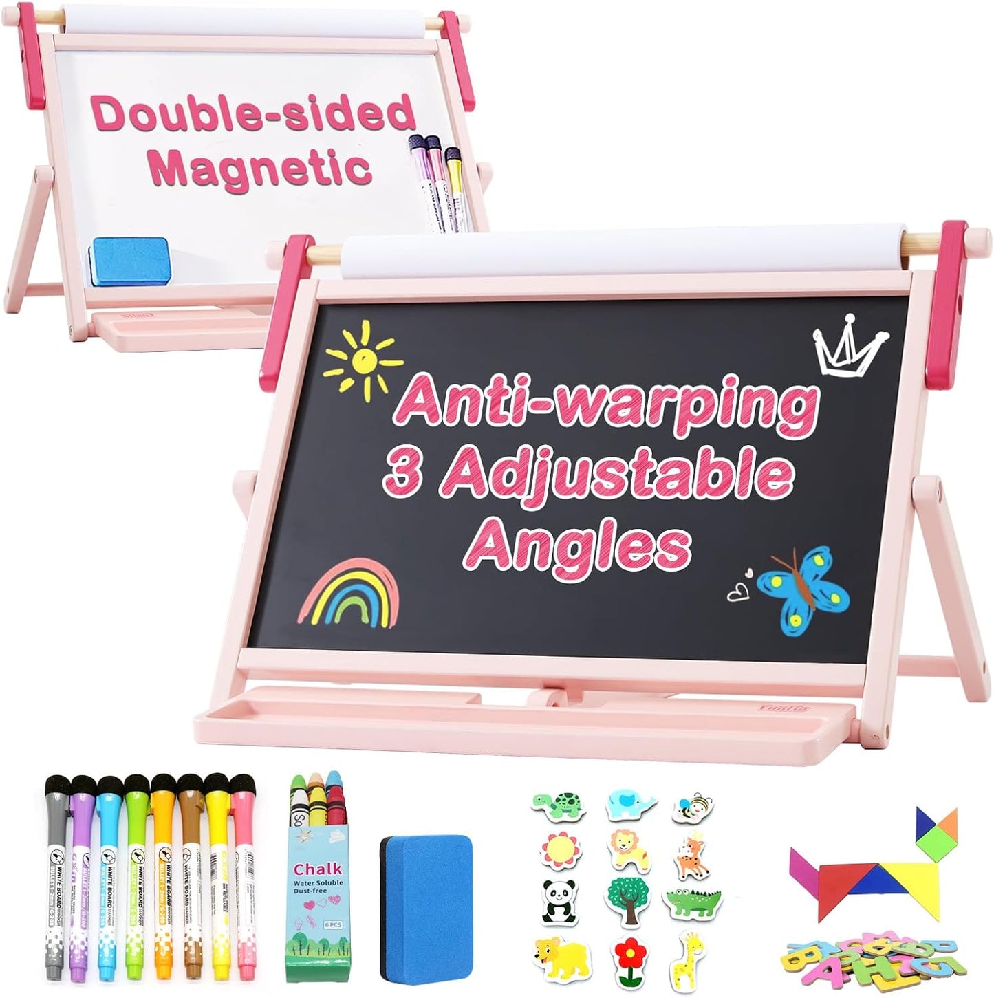 FUNLIO Anti-Warping Tabletop Easel for Kids Ages 3+ (100+ Pcs), Wooden Double-Sided Magnetic Table Easel with 3 Adjustable Angles, Kids Easel with Whiteboard, Chalkboard & Paper Roll, Foldable - Pink