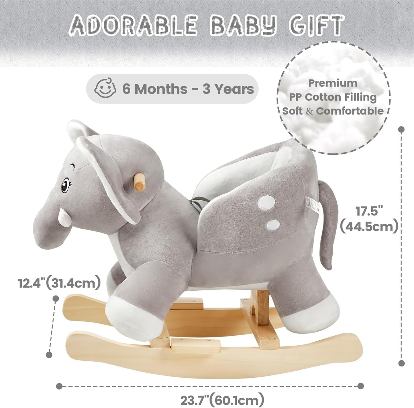 FUNLIO Elephant Baby Rocking Horse for Toddlers 6 Months to 3 Years - Grey