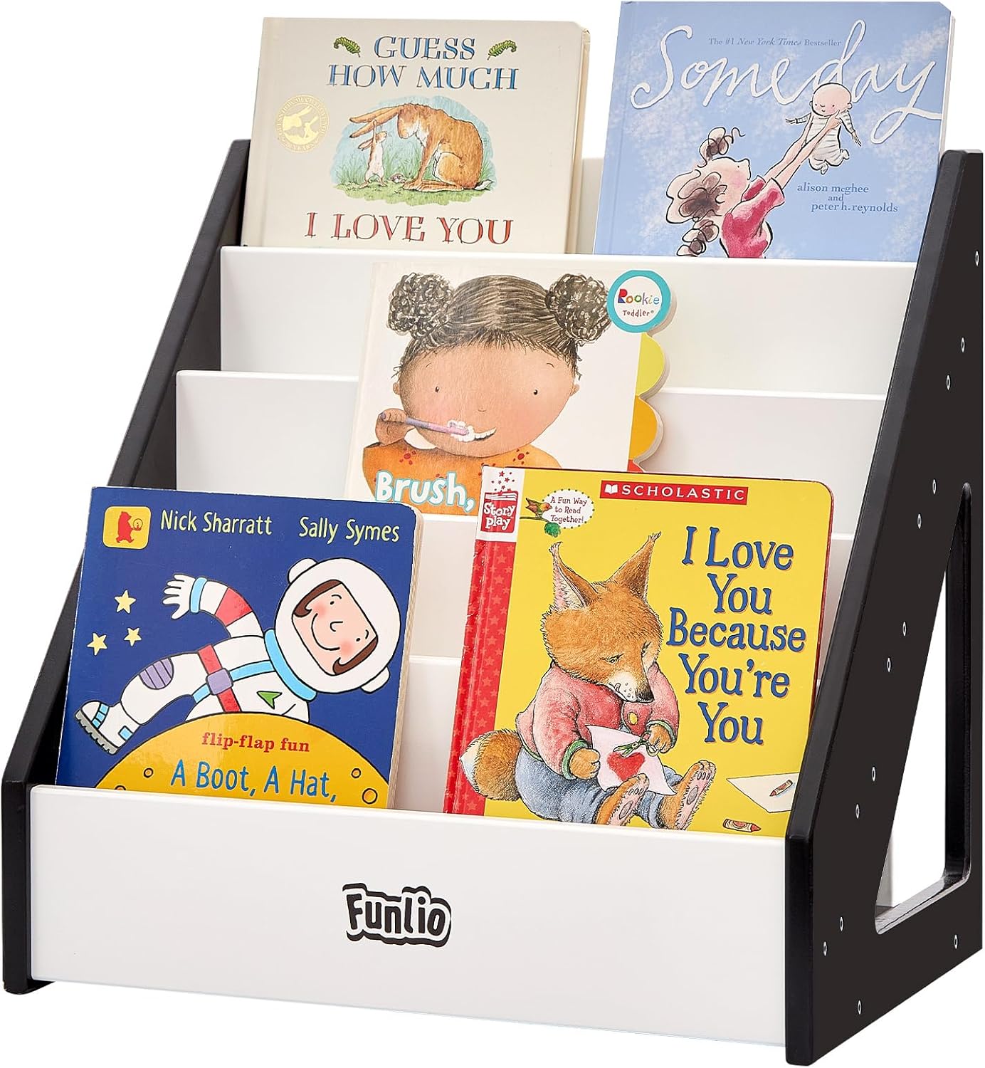 FUNLIO Montessori Bookshelf for Toddlers 1-5 Years, Front-Facing Kids Bookshelf with Handle & Anti-Tilting Device, Premium Pine Baby Bookshelf, Children's Bookcase for Nursery/Classroom - Black &White