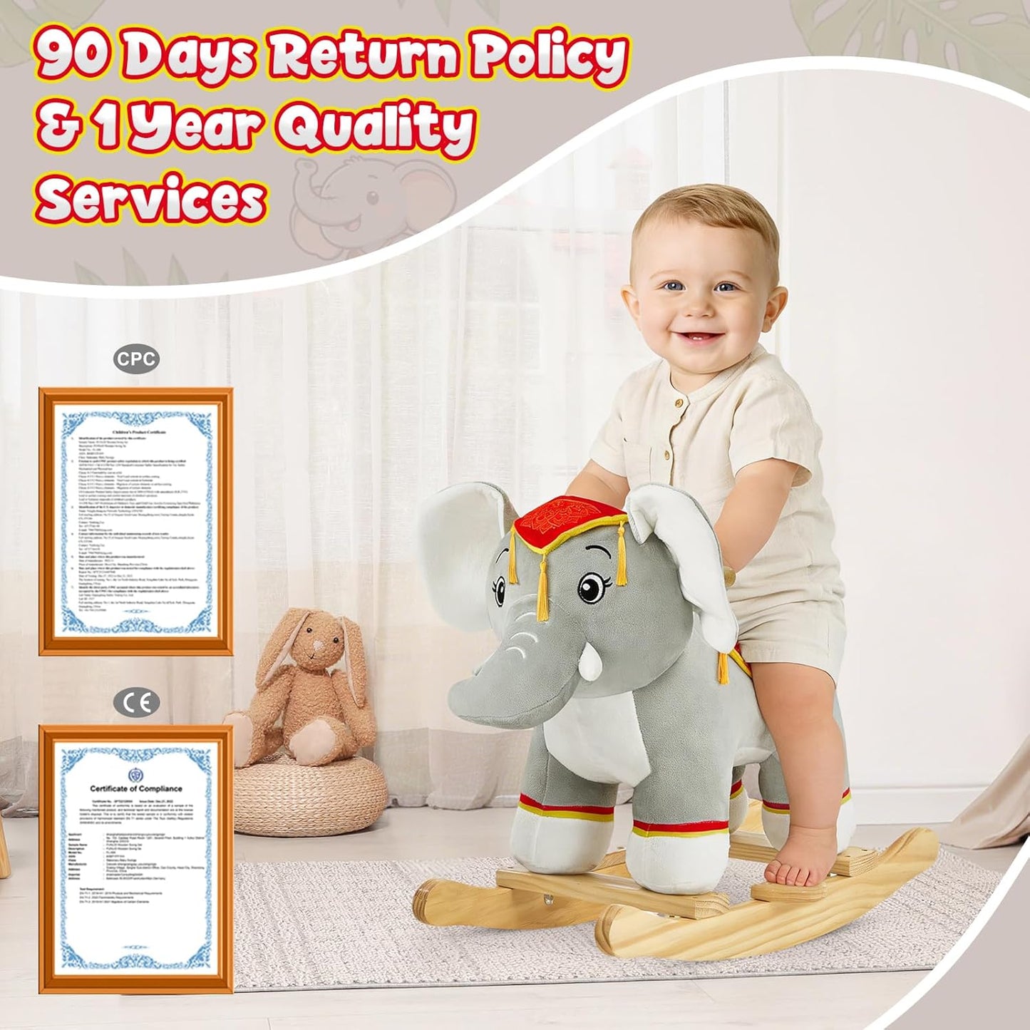 FUNLIO Elephant Baby Rocking Horse for Toddlers 1-3 Years, Cute & Graceful Gray Thai Elephant Rocker for Baby, Stuffed Plush Ride-on Rocking Animal
