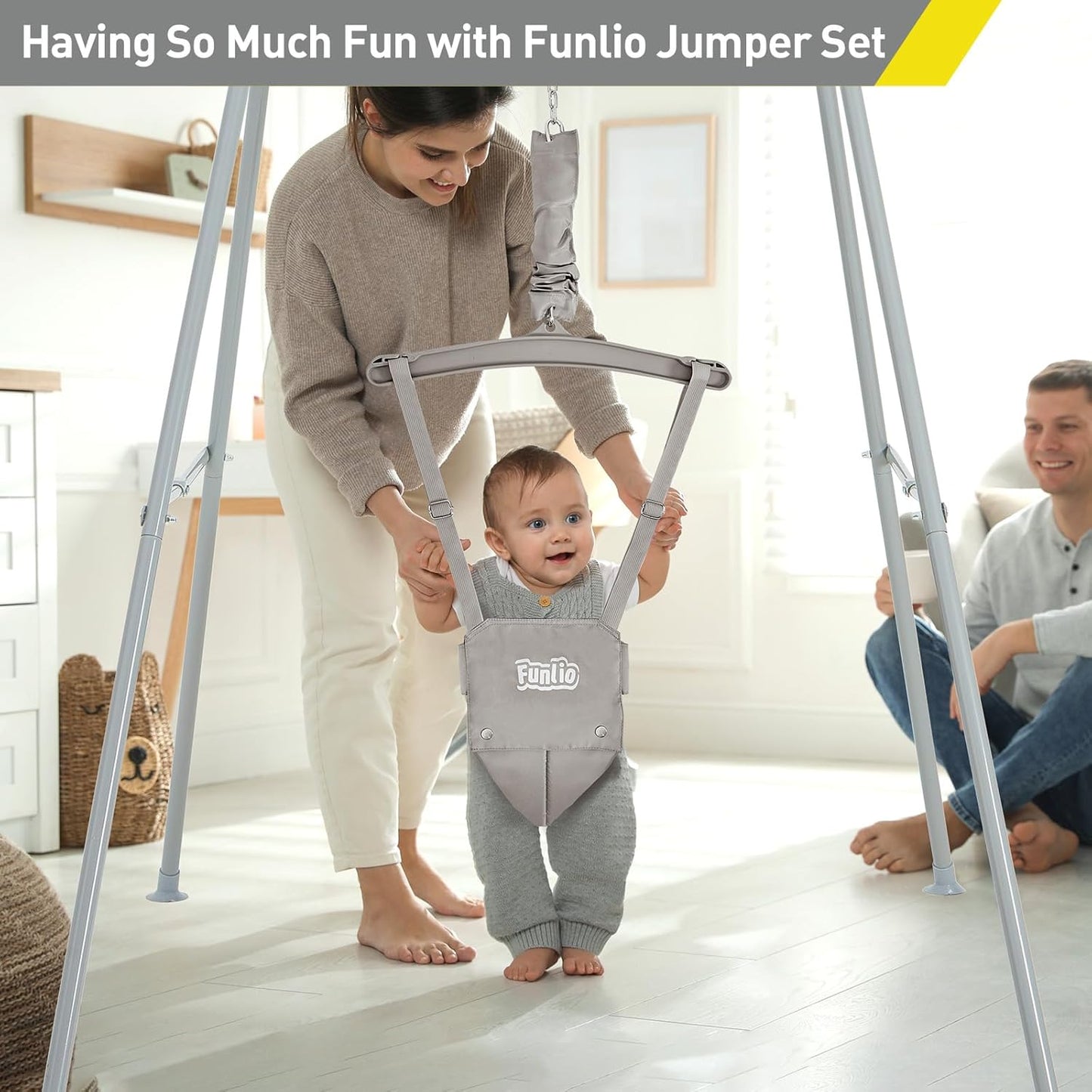 FUNLIO Baby Jumper with Stand for 6-24 Months, Infant Jumper for Indoor/Outdoor Play, Toddler Jumper for Baby Girl/Boy, with Adjustable Chain, Easy to Assemble & Store (with Stand) - Grey