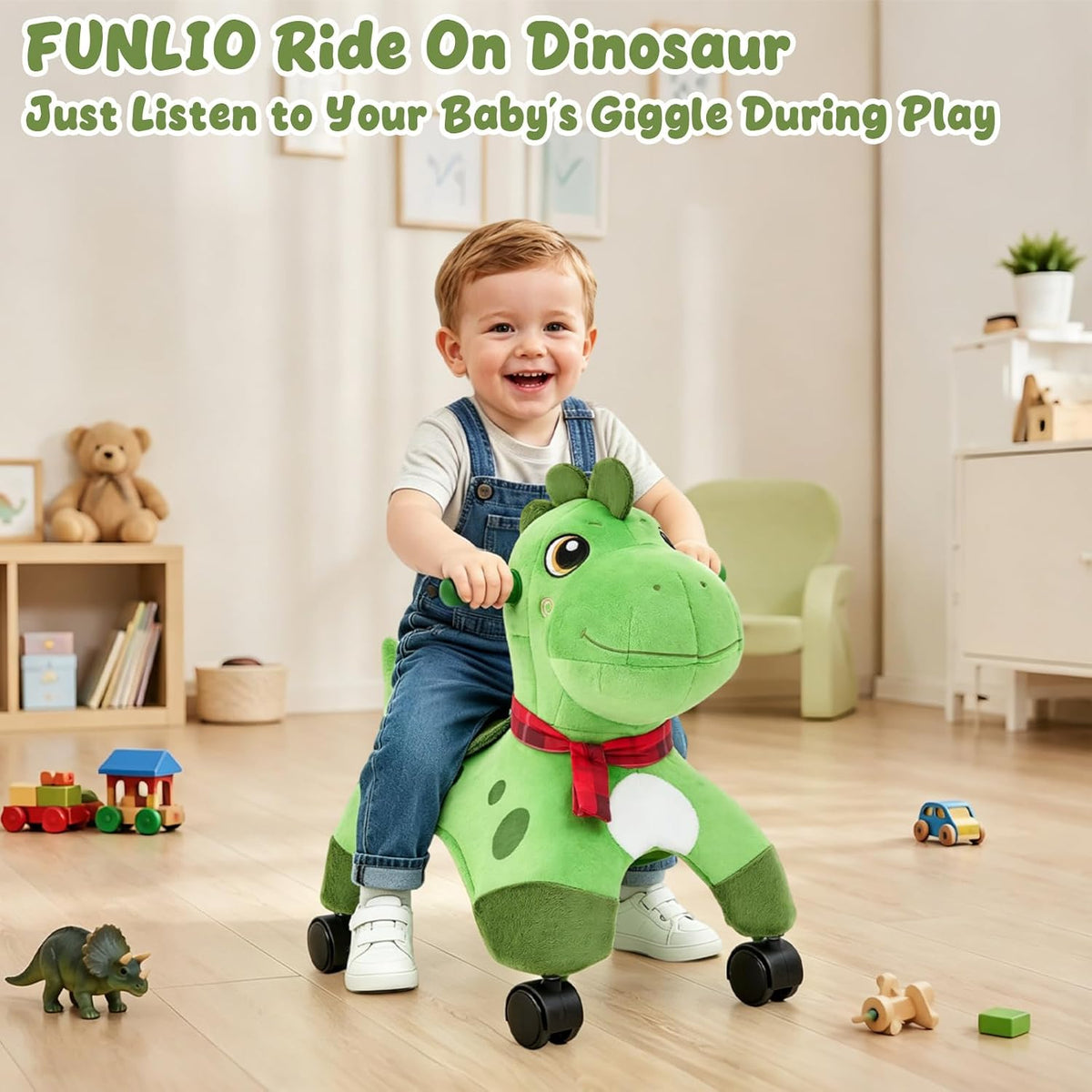 FUNLIO Dinosaur Ride On Toy, Toddler Ride On Toys with 360° Wheels