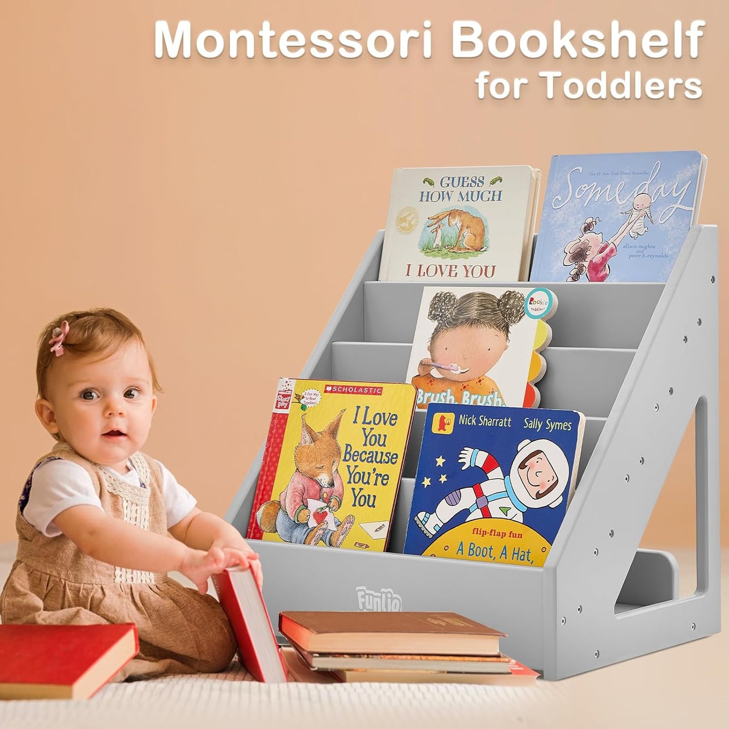 FUNLIOMontessori Bookshelf for Toddlers 1-5 Years, Front-Facing Kids Bookshelf with Handle & Anti-Tilting Device, Premium Pine Baby Bookshelf, Children's Bookcase for Nursery/Classroom - Grey