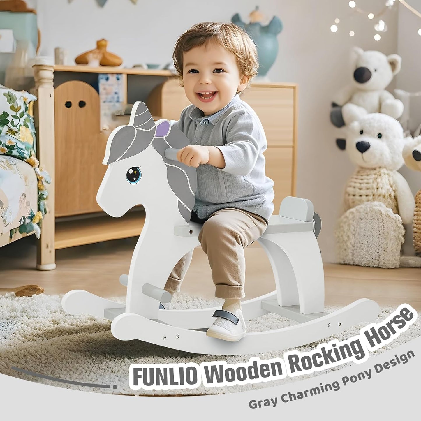 FUNLIO Pony Wooden Rocking Horse Ages 1-3, Charming Baby Rocking Horse with Long Seat & Backrest, Easy to Assemble Toddler Ride on Toys, CPC & CE Certified - Gray