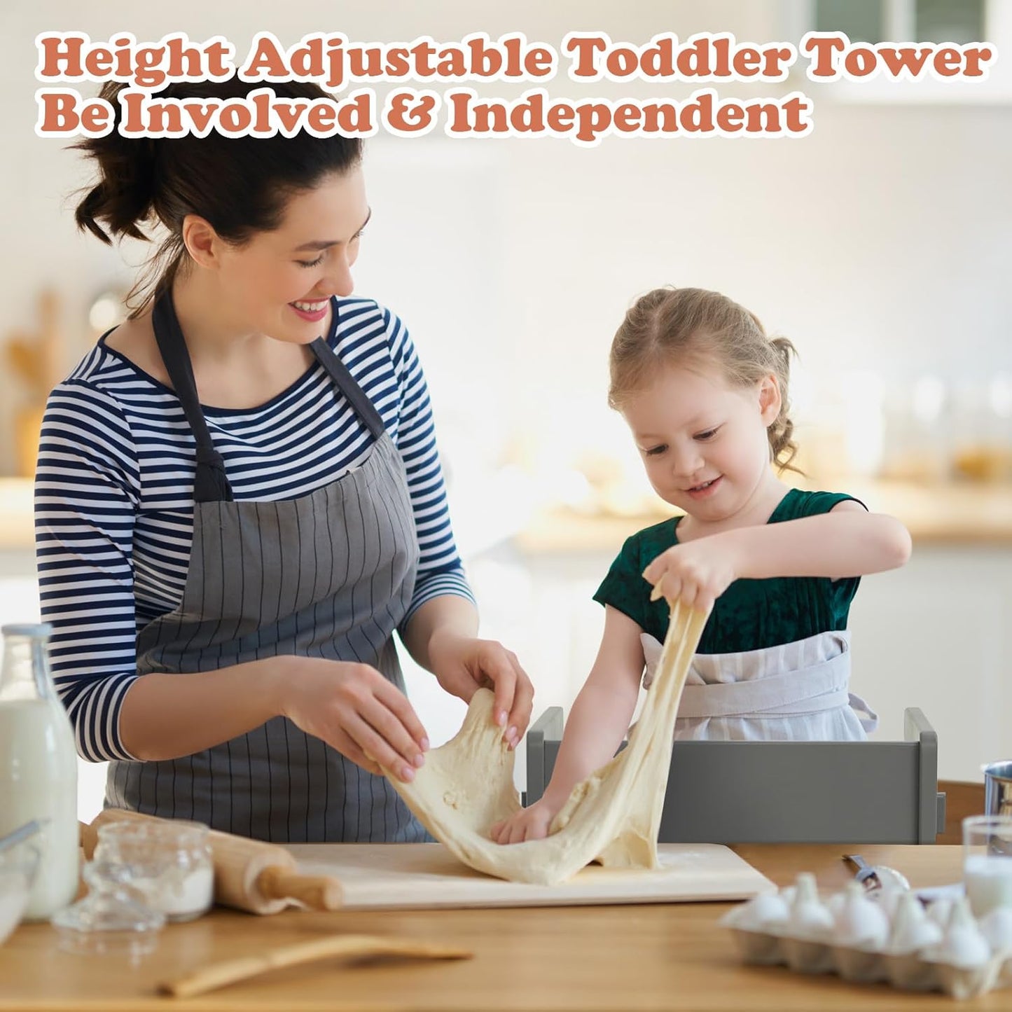 FUNLIOToddler Tower with Safety Net, Kids Kitchen Step Stool, 3-Level Height Adjustable Toddler Stool Helper, Montessori Child Standing Tower, Easy to Assemble, CPC Approved - Grey