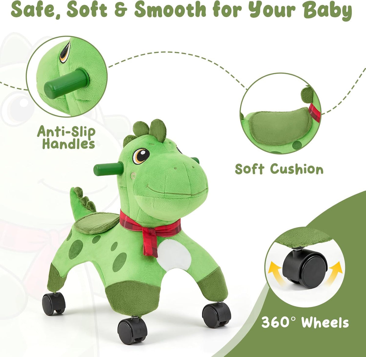 FUNLIO Dinosaur Ride On Toy, Toddler Ride On Toys with 360° Wheels