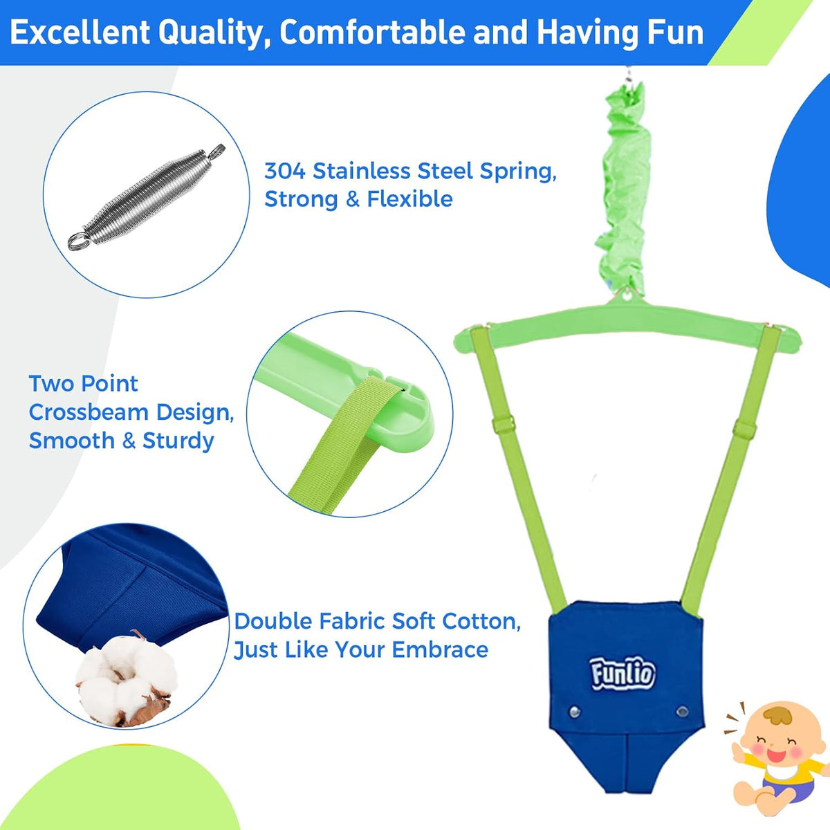 FUNLIO Baby Jumper with Stand for 6-24 Months, Infant Jumper for Indoor/Outdoor Play-Bluegreen