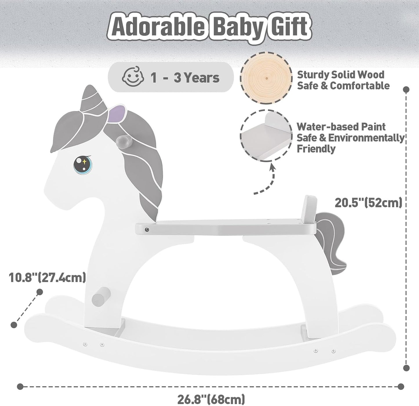 FUNLIO Pony Wooden Rocking Horse Ages 1-3, Charming Baby Rocking Horse with Long Seat & Backrest, Easy to Assemble Toddler Ride on Toys, CPC & CE Certified - Gray