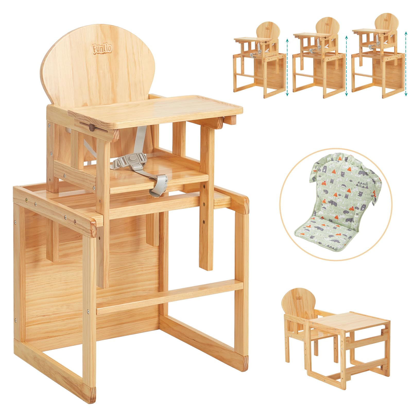 FUNLIO Wooden High Chair 2 in 1 Convertible HighChair