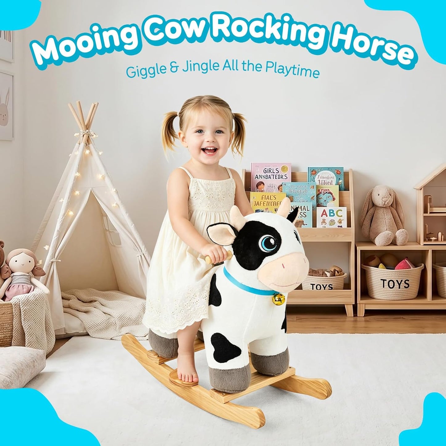 FUNLIO Cow Rocking Horse Ages 1-3, Adorable Baby Rocking Horse with Cuddly Head, Bright Sparkling Eyes & Jingling Bell, Stuffed Plush Ride-on Baby Rocker, Easy to Assemble, CPC & CE Certified