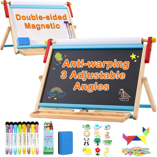 FUNLIO Anti-Warping Tabletop Easel for Kids Ages 3+ (100+ Pcs), Wooden Double-Sided Magnetic Table Easel with 3 Adjustable Angles, Kids Easel with Whiteboard, Chalkboard & Paper Roll, Foldable - Blue