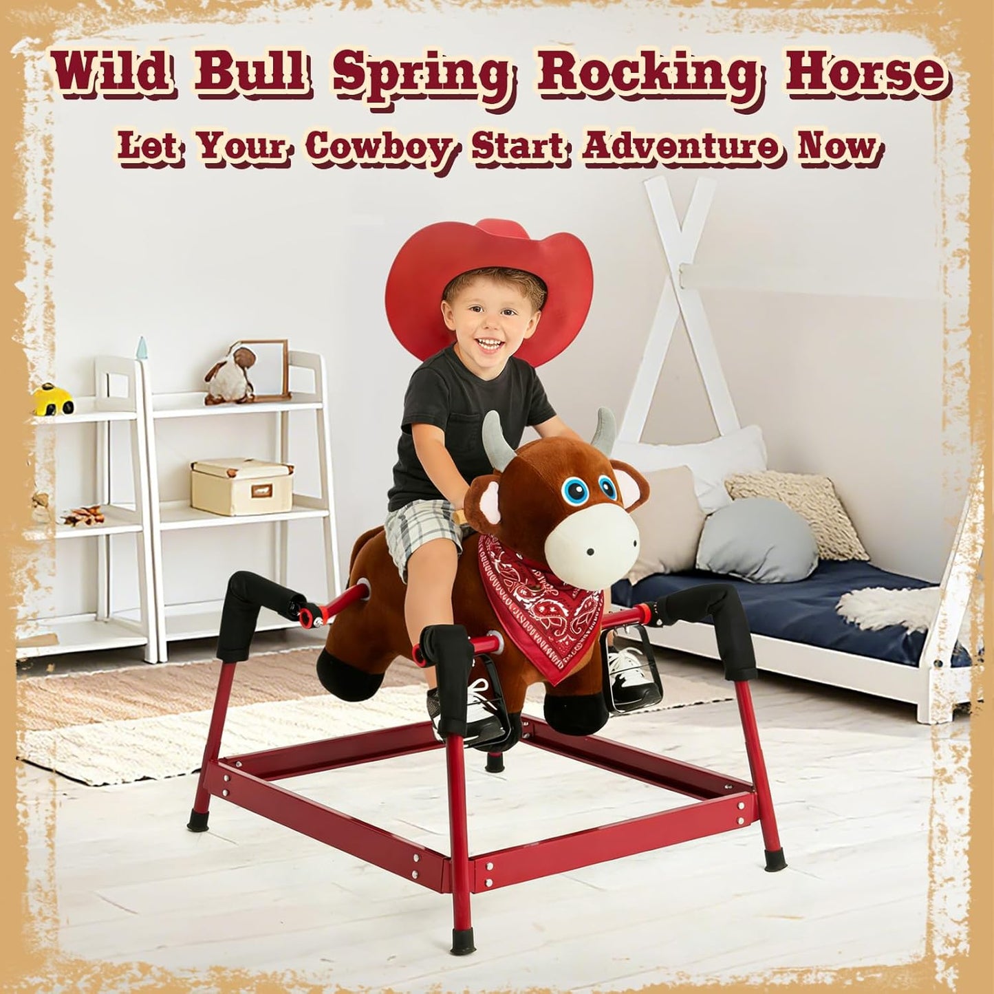 FUNLIO Bull Spring Rocking Horse for Kids 3-6, Wild Ride on Horse with Covered Spring & Sturdy Frame, Neighing & Galloping Sound for Pretend Play, Spring Horse Toys Gift, CPC & CE Certified