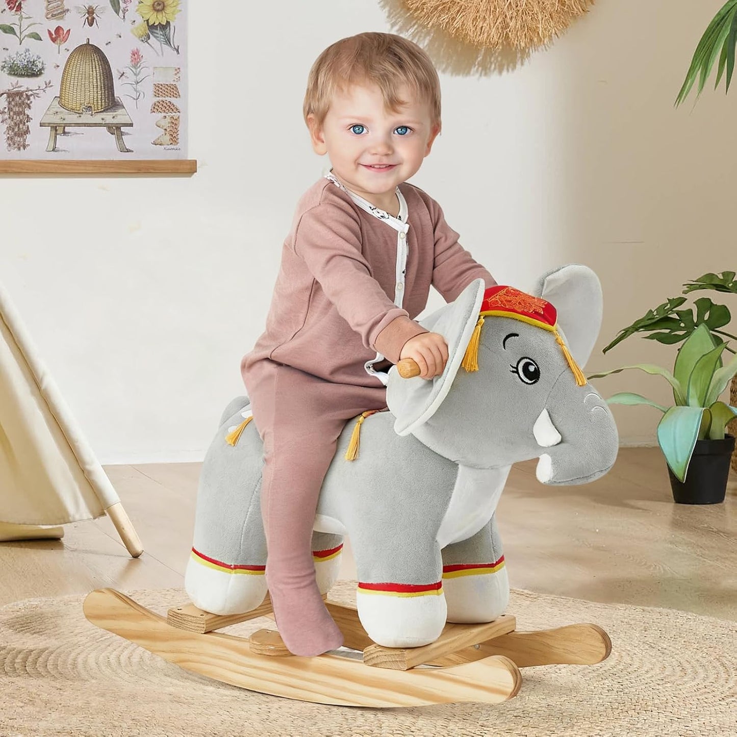 FUNLIO Elephant Baby Rocking Horse for Toddlers 1-3 Years, Cute & Graceful Gray Thai Elephant Rocker for Baby, Stuffed Plush Ride-on Rocking Animal