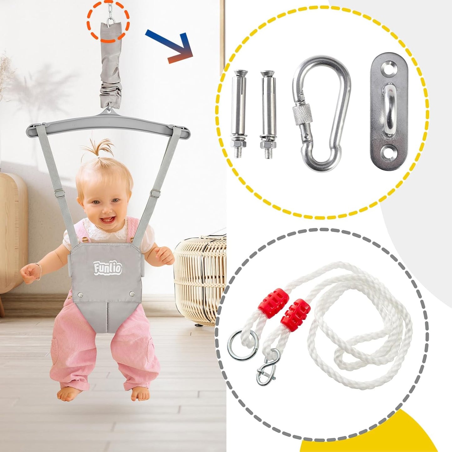 FUNLIO Baby Jumper with a Ceiling Hook for 6-24 Months, Baby Door Jumper for Indoor/Outdoor Play, Infant Jumper Doorway with Adjustable Chain, Easy to Assemble & Store (with a Ceiling Hook)- Grey