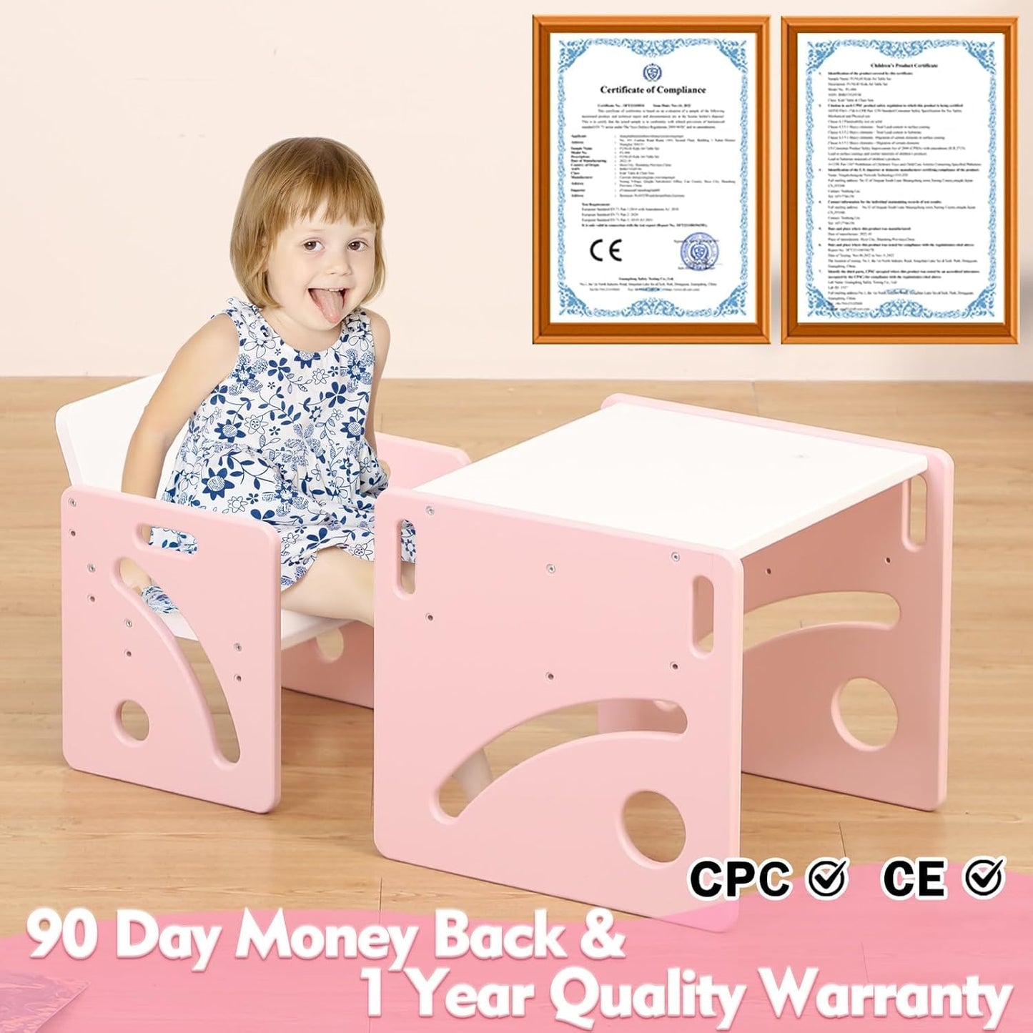 FUNLIO Height Adjustable Toddler Table and Chair Set for Age 1-3, Quality Solid Wood Montessori Table and Chair Set, Weaning Baby Table Chair Set, Easy to Assemble, CPC Certified - Pink