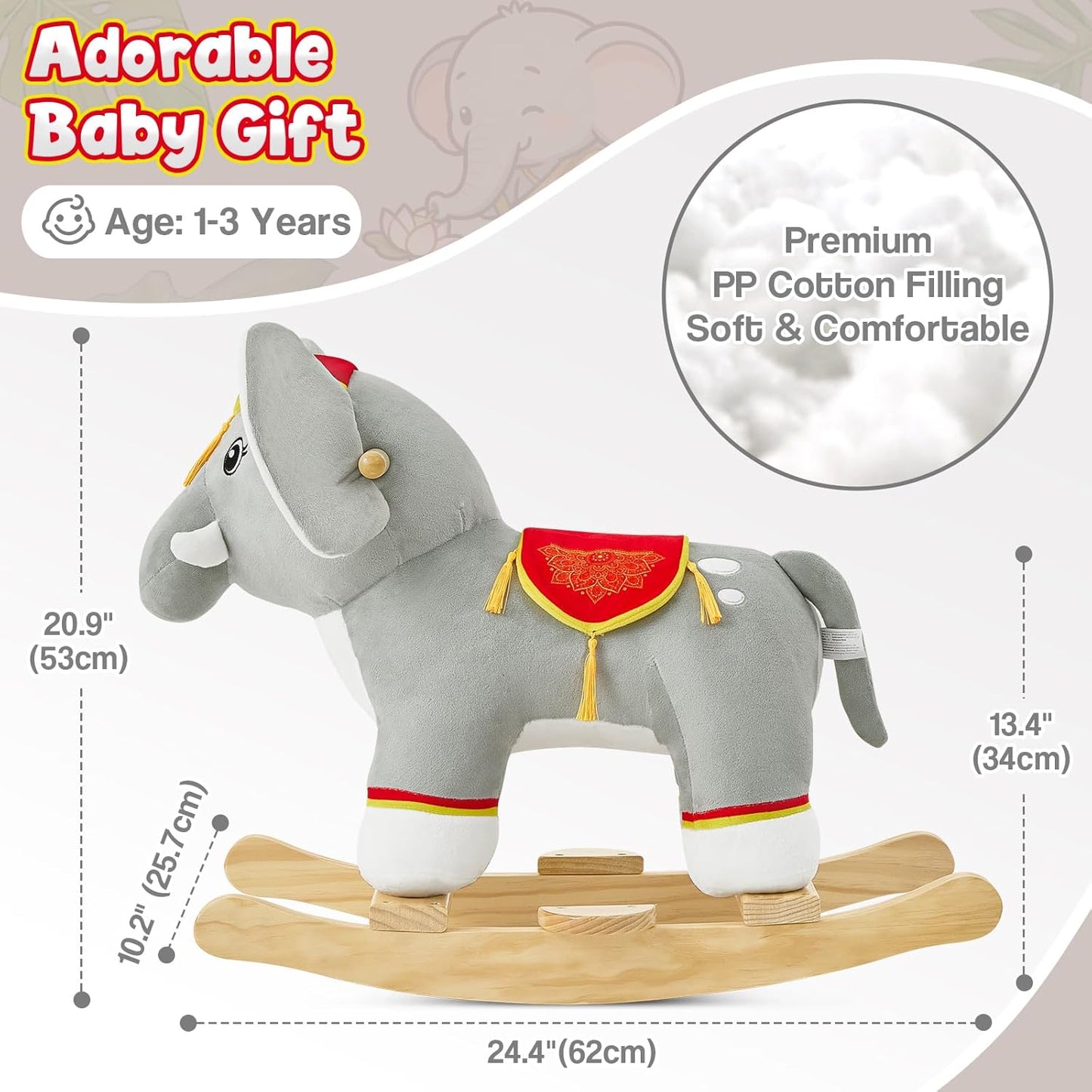 FUNLIO Elephant Baby Rocking Horse for Toddlers 1-3 Years, Cute & Graceful Gray Thai Elephant Rocker for Baby, Stuffed Plush Ride-on Rocking Animal