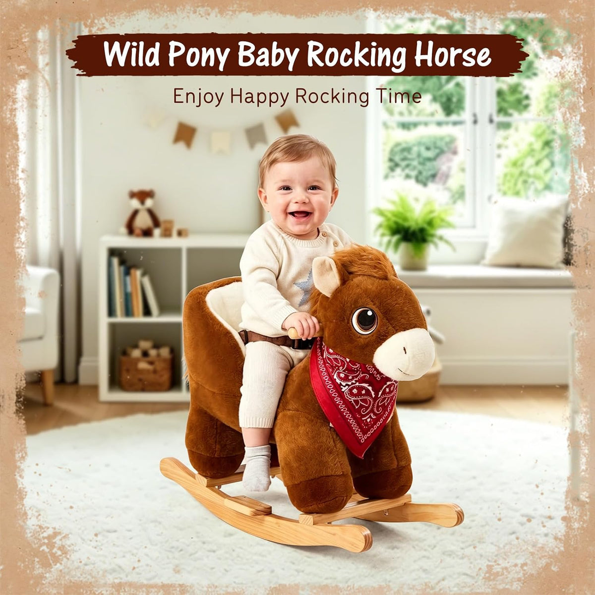FUNLIO Pony Rocking Horse for Toddlers 6 Months to 3 Years, Cute Baby Rocking Horse with Safety Belt, Stuffed Plush Ride on Horse, Easy to Assemble Baby Rocker, Nursery, CPC & CE Certified - Dark Brown