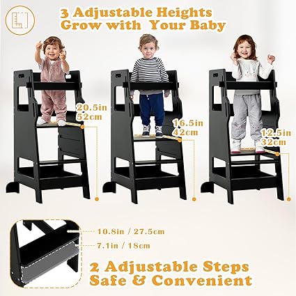 FUNLIO Toddler Tower with Safety Net, Kids Kitchen Step Stool, 3-Level Height Adjustable Toddler Stool Helper, Montessori Child Standing Tower, Easy to Assemble, CPC Approved - Black