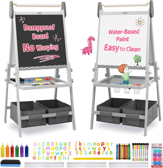 FUNLIO Anti-Warping Kids Art Easel, 3 Height Adjustable for Kids Aged 3-8, All-in-One Toddler Easel with Paper Roll & Erasable Frame, Standing Easel with Magnetic Chalkboard/Whiteboard (Gray)