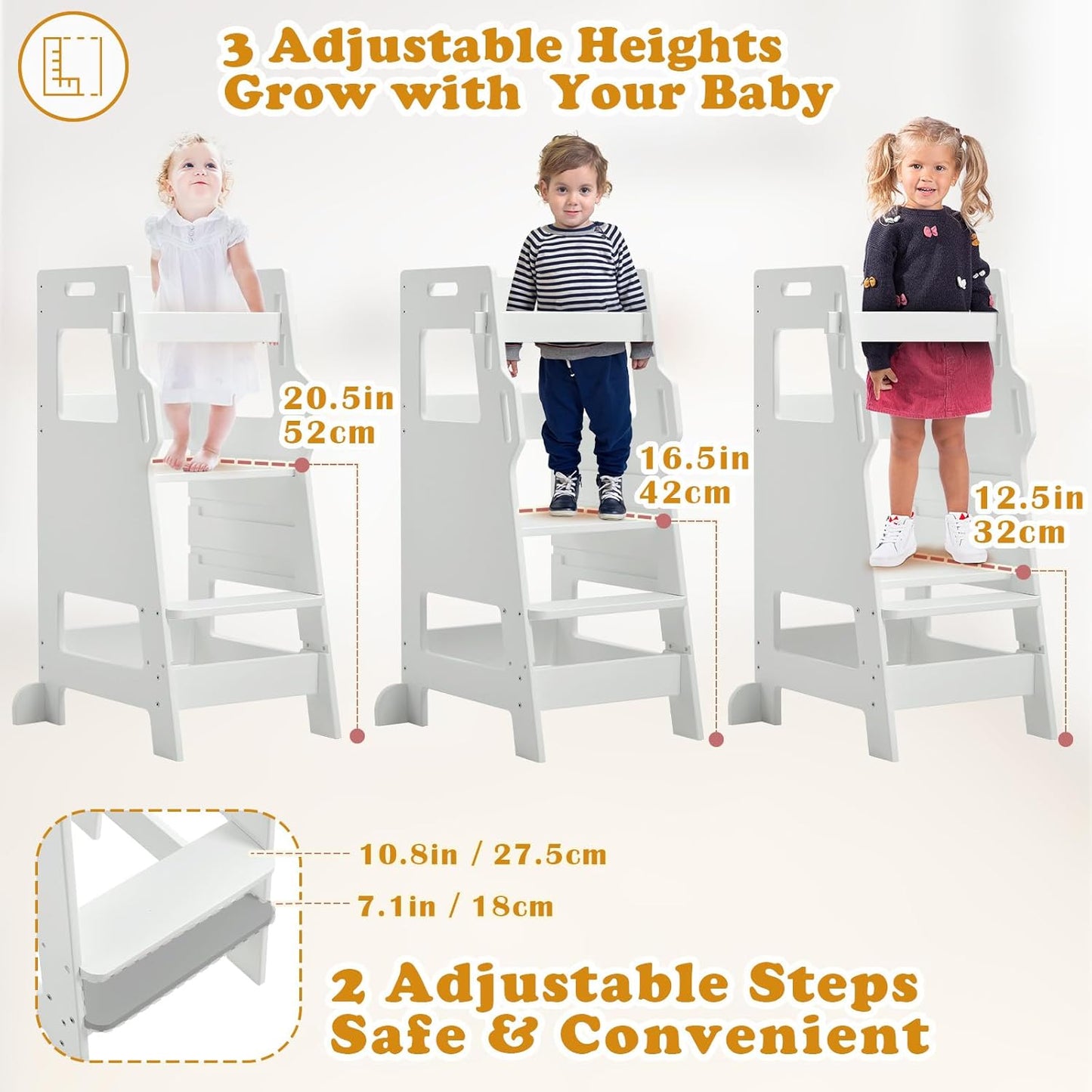 FUNLIO Toddler Tower with Safety Net, Kids Kitchen Step Stool, 3-Level Height Adjustable Toddler Stool Helper, Montessori Child Standing Tower, Easy to Assemble, CPC Approved - White