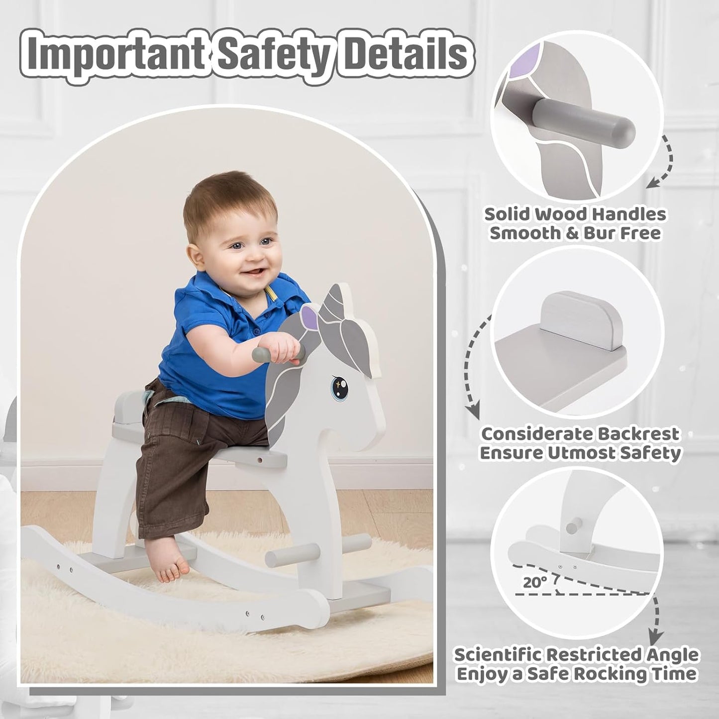 FUNLIO Pony Wooden Rocking Horse Ages 1-3, Charming Baby Rocking Horse with Long Seat & Backrest, Easy to Assemble Toddler Ride on Toys, CPC & CE Certified - Gray