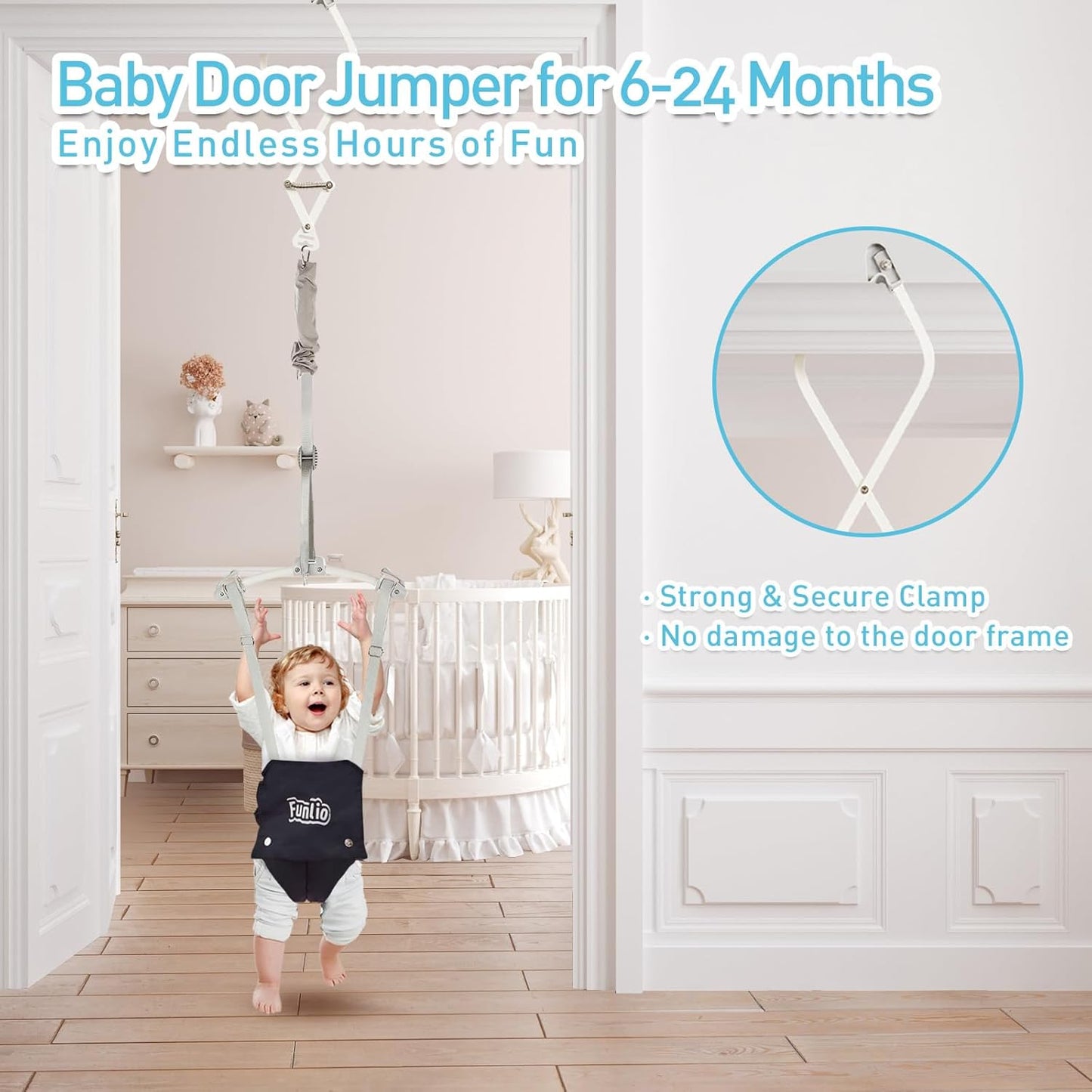 FUNLIO Baby Door Jumper for 6-24 Months (with Door Clamp), Baby Jumper Doorway with Strong Spring & Adjustable Strap, Portable Infant Door Bouncer, Bearing 40 Lbs, CPC & CE Certified - Black