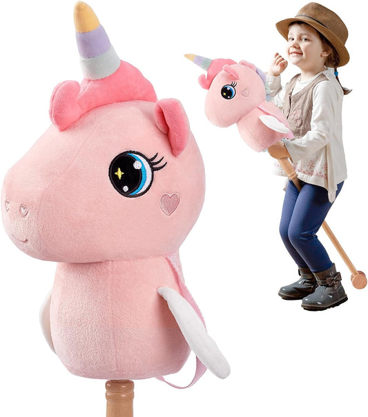 FUNLIO Unicorn Stick Horse for Kids 3+, Rainbow Fairy Hobby Horse with Soft Plush & Wood Wheels, Neighing and Galloping Sound for Pretend Play & Creativity, Horse Toys Gift, CPC & CE Certified - Pink